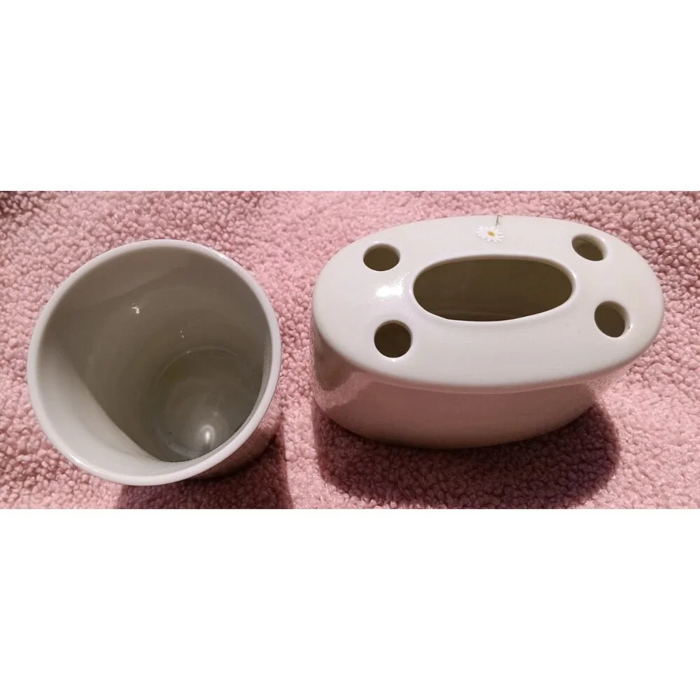 VTG Otagiri Ferns Daisies Bathroom Vanity Set Cup Toothbrush Holder Japan